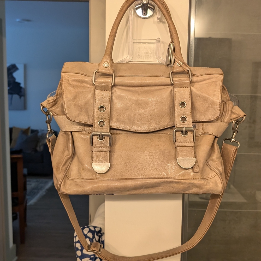 Nicole Miller Tan Satchel with Structured Shape and Adjustable Strap